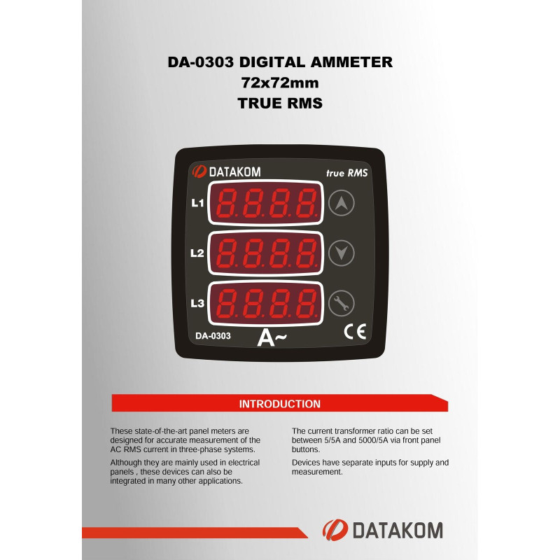 DATAKOM Ammeter Panel, 170-275V power supply, 3 phase, 72x72mm, 3 display