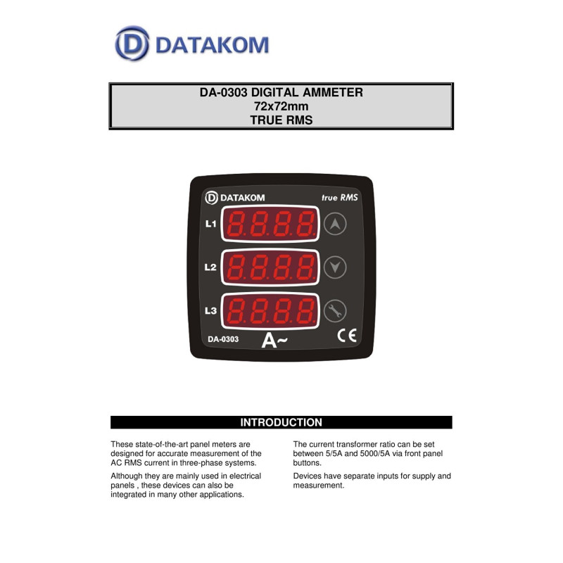 DATAKOM Ammeter Panel, 170-275V power supply, 3 phase, 72x72mm, 3 display