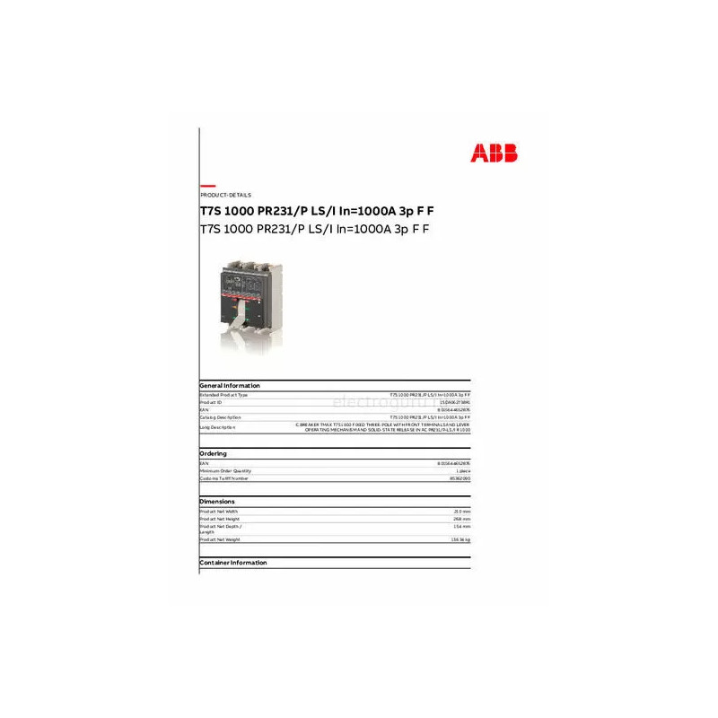 1SDA062738R1 T7S1000FF PR231/P-LS/I In1000A 3P AUT.J