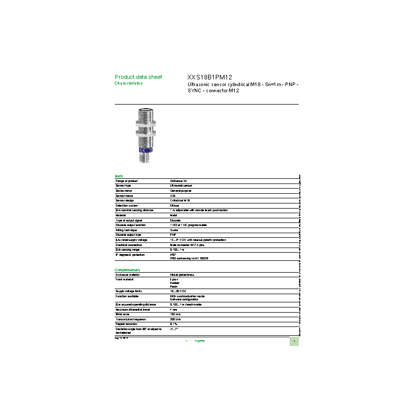 Sensor, Ultrasonic, 8 m, 75 kHz, 12 Beam Divergence, 0 to 10 V/ PNP, XXS Series
